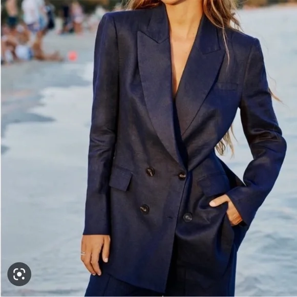 ZARA DOUBLE BREASTED LINEN BLAZER - Picture 2 of 7